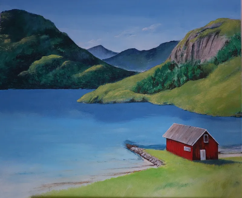 Acrylbild, rote Hütte in einem Fjord