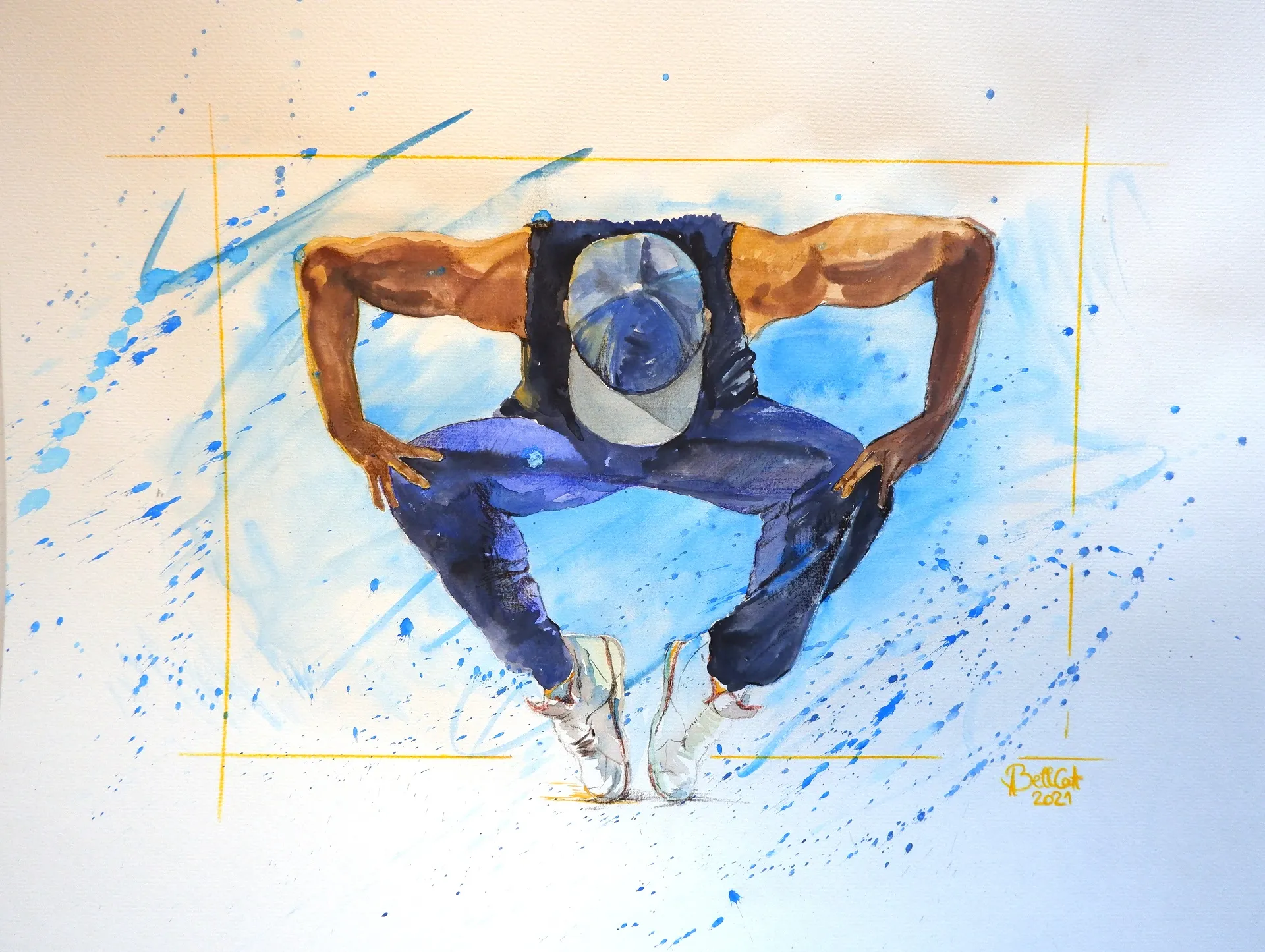 Aquarellgemälde, Breakdancer in blau mit Farbspritzer