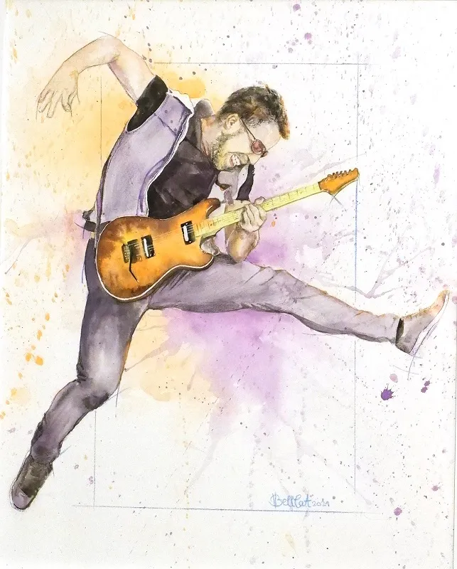 Aquarellgemälde, springender Rocker mit E-Gitarre. Orange lila Hintergrund und Farbspritzer