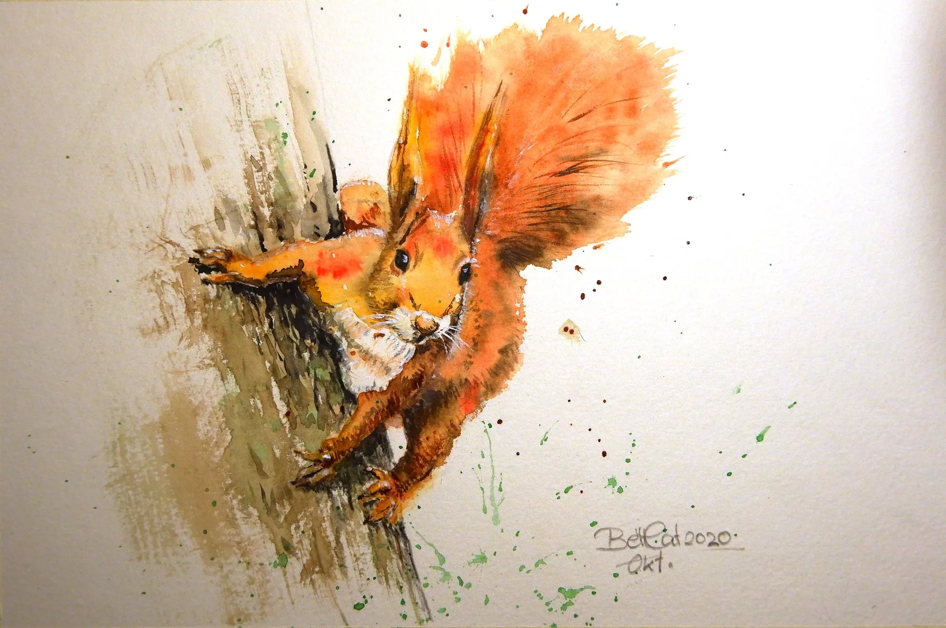 Aquarellgemälde, Eichhörnchen klettrt am Baum