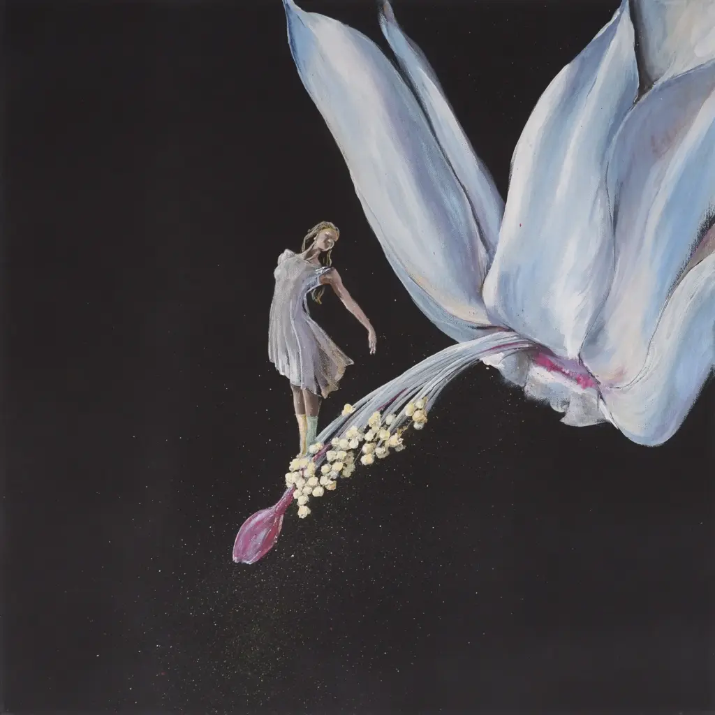 Acrylgemälde auf schwarzer Leinwand. Frau streckt sich auf weißer Blüte, tanzend.