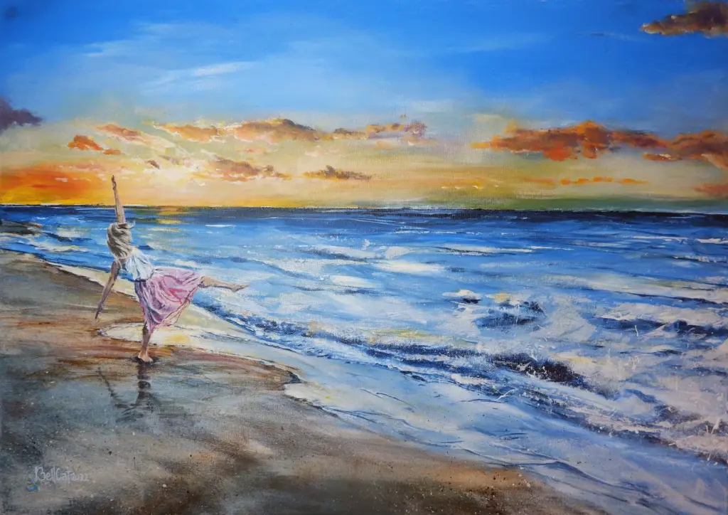 Acrylgemälde. Am Meer tanzende Frau. Abendstimmung. Küste