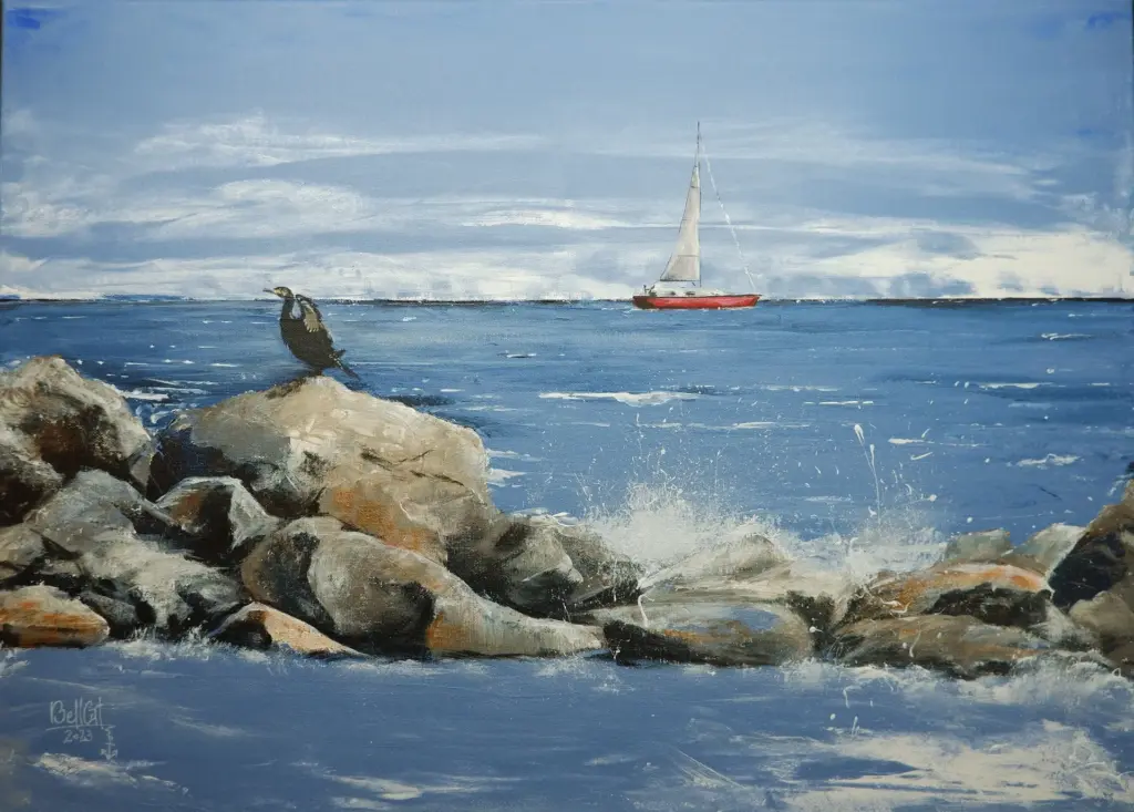 Acrylgemälde. Felsen im Meer mit Segelboot im Hintergrund und Komoran