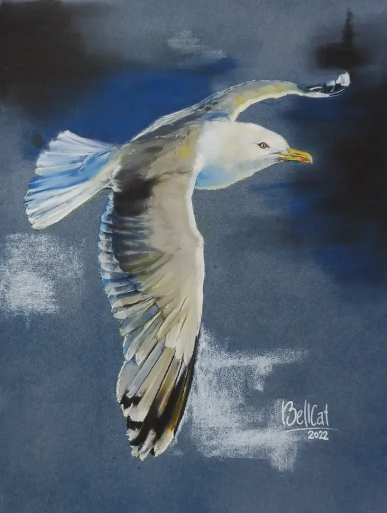 Gemälde, Pastellkreide. Fliegende Möwe auf dunklem Hintergrund