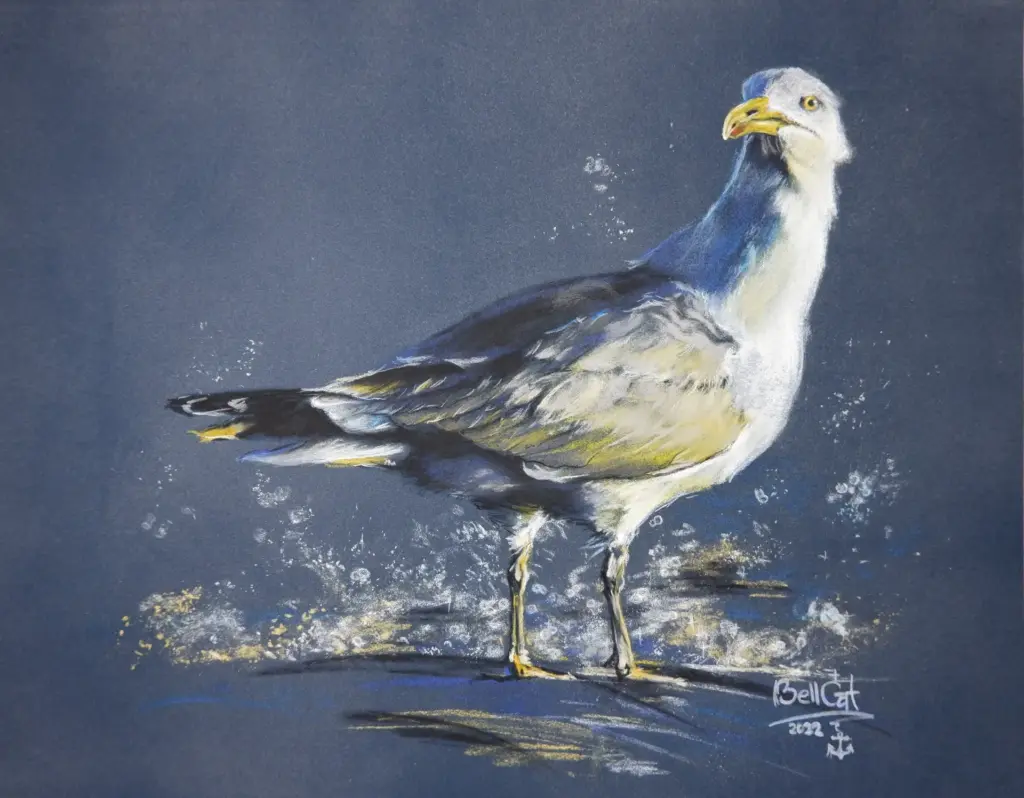 Gemälde, Pastellkreide. Frech schauende Möwe auf dunklem Hintergrund