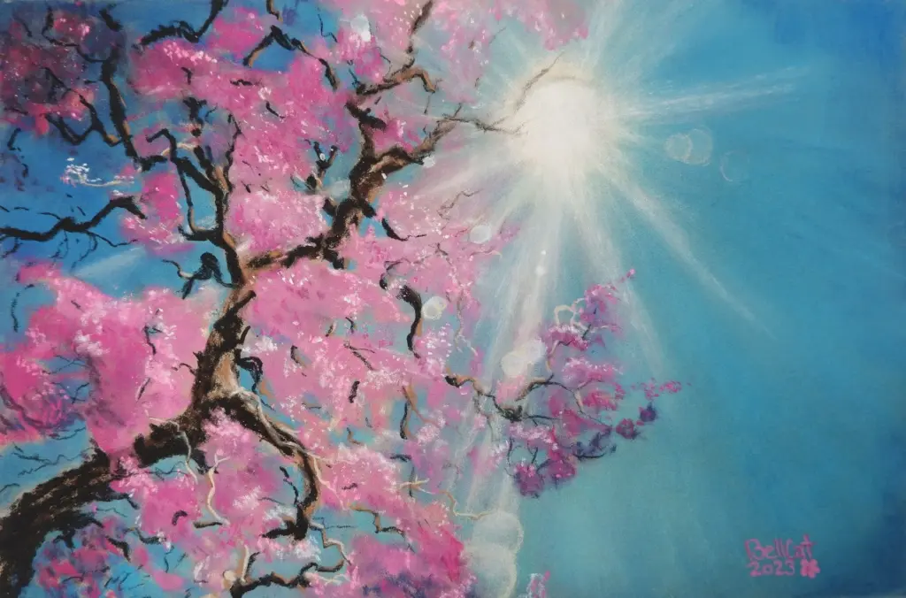 Pastellkreide Gemälde. Blütenzweig ragt in den blauen Himmel. Sonnenstrahlen brechen durch die Zweige