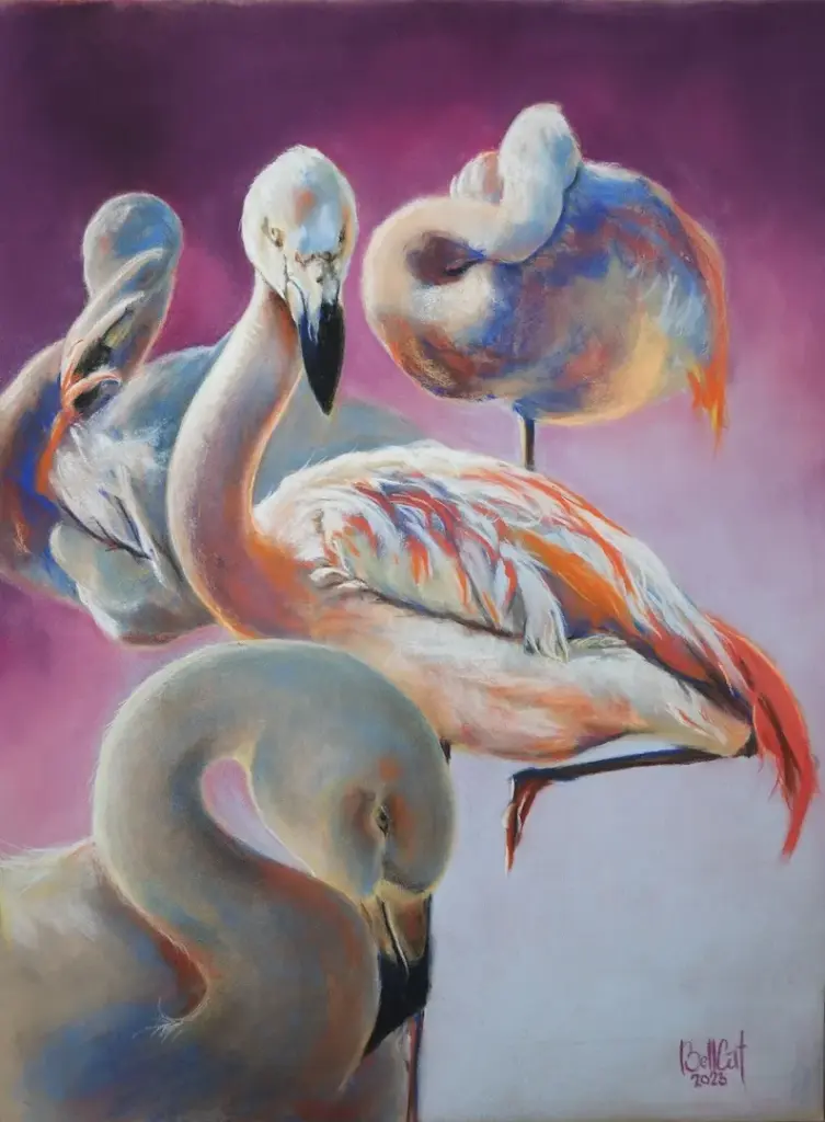 Gemälde, Pastellkreide. Flamingos in pink, lila, aprikot