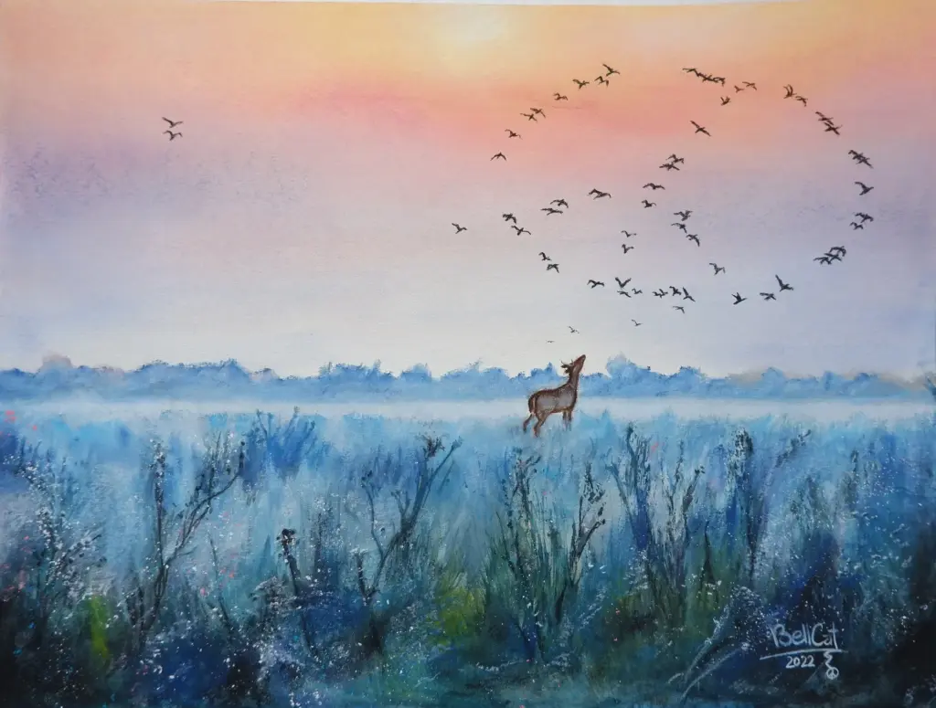 Gemälde. Reh auf neblichem Feld schaut in den Himmel. Peacezeichen aus Vögeln im Himmel. Friedliche Stimmung