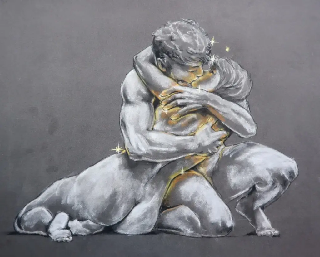 Gemälde, Pastellkreide. Frau liegt in Armen von Mann, dieser küsst sie zärtlich. Schwarz weiß mit Leuchteffekten