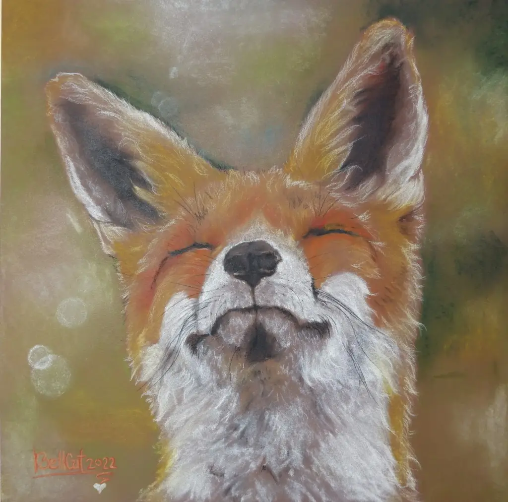 Gemälde, Pastellkreide. Fuchs streckt genüsslich die Nase in die Sonne