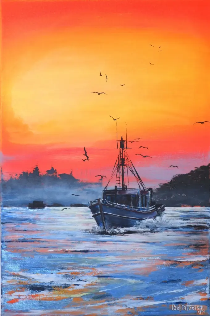 Acrylgemälde. Fischerboot bei Sonnenaufgang von Möwen umkreist