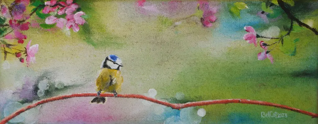 Acrylgemälde. Meise zwischen Blüten, auf Ast sitzend