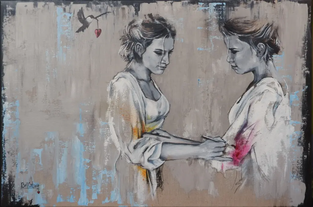 Acrylgemälde. Zwei Frauen, die sich gegenseitig anmalen, Farbe schenken. Kleiner Kolibri mit Herz im Schnabel