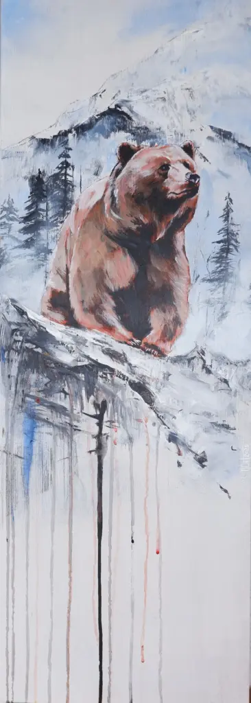 Acryl Bild auf Holzbrett. Winter-, Schneelandschaft mit Bergen und Bäumen. Bär auf einem Fels