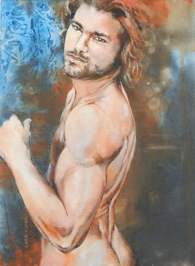 Acrylgemälde. Akt. Melancholisch schauender nackter Mann.