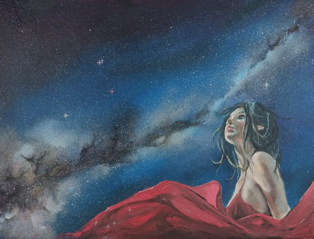 Acrylgemälde. Mädchen mit rotem Kleid unter dem Nachthimmel mit Milchstraße