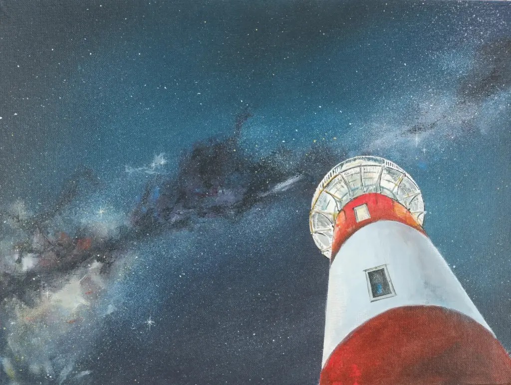 Acrylgemälde. Froschperspektive in den Nachthimmel. Leuchtturm ragt in den Himmel mit Milchstraße.