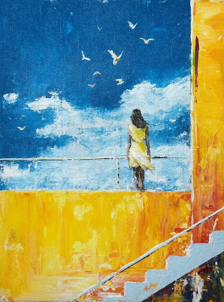Gemälde einer Frau auf gelber Mauer, die in die Ferne blickt, Acryl auf Malpappe, Vögel am Himmel.