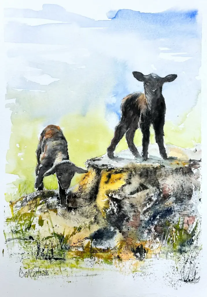 Aquarellgemälde. Spielende Lämmer auf Baumstumpf in der Frühlingssonne.