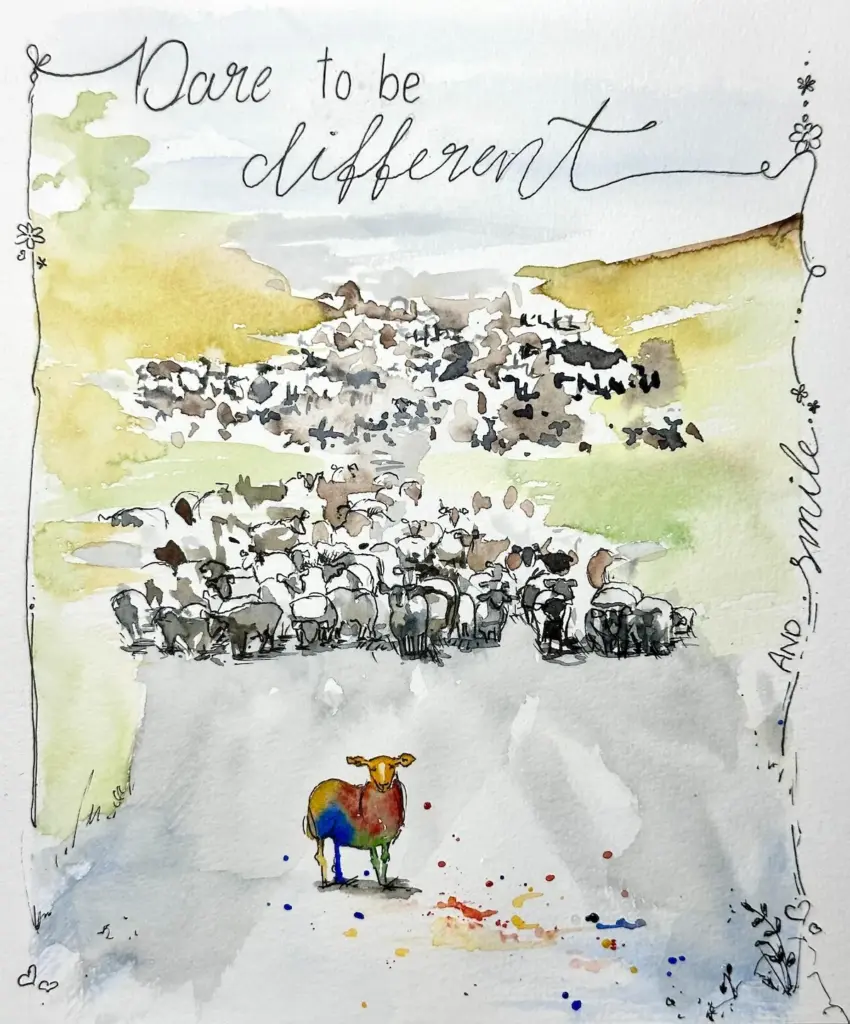Aquarellgemälder. Schafherde, davor einzelnes buntes Schaf. Spruch 'Dare to be different' und Randverzierung